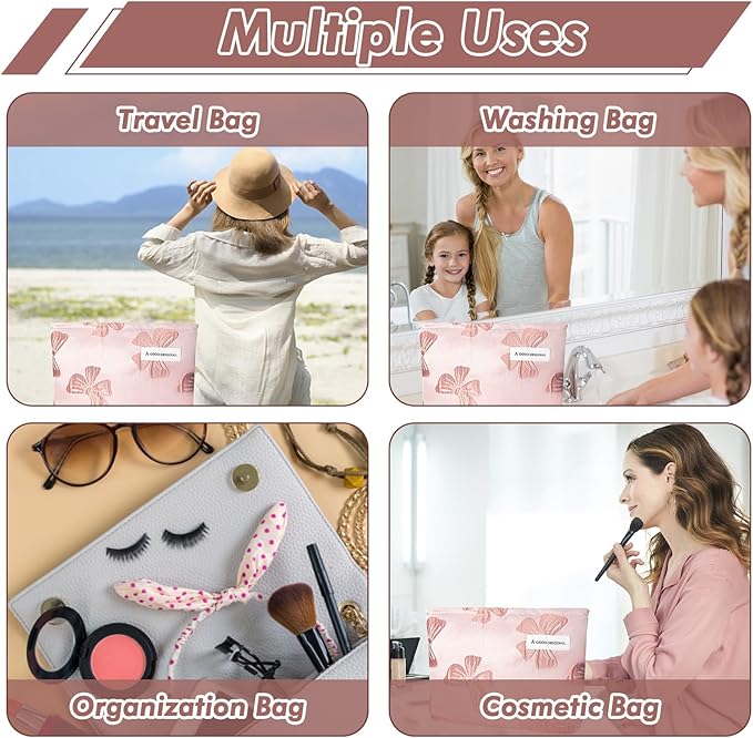 Bow Makeup Bag Large Floral Cosmetic Bags for Women Cute Makeup Pouch Zipper Cosmetic Pouch for Purse Embossed Pink Bow Aesthetic Portable Travel Toiletry Bag Makeup Organizer Bag