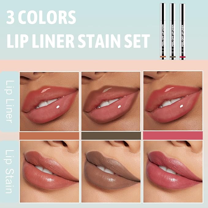 3 Colors Lip Stain Peel Off Long Lasting Brown Lip Liner Set Waterproof Transfer Proof Nude Lip Tint Matte Finish Tattoo Lipstain Marker Non-Stick Cup Lip Gloss Makeup for Women