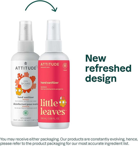 ATTITUDE Hand Sanitizer Spray for Kids & Adults, EWG Verified, Travel Size, Dermatologically Tested, Plant and Mineral Based, Vegan, Mango, 3.5 Fl Oz (Spray Bottle)