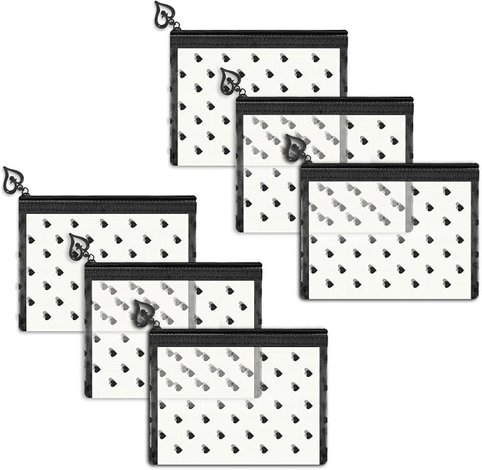 6 Pack Mini Zipper Mesh Makeup Bags, Heart Print Nylon Cosmetic Bags Toiletry Bags for Office Travel Organization (Beige, XS)