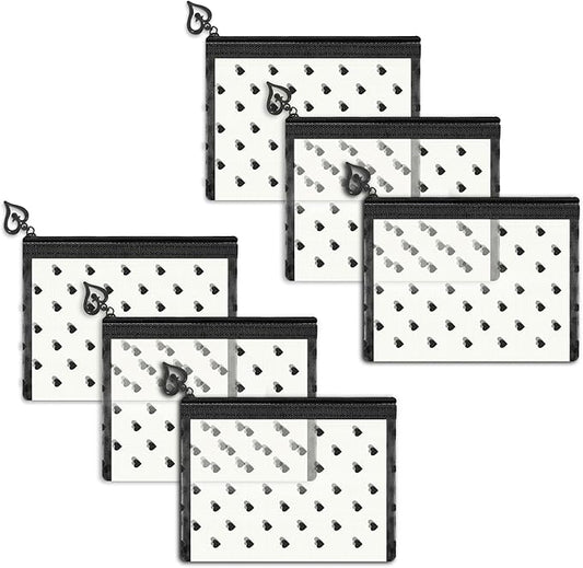 6 Pack Mini Zipper Mesh Makeup Bags, Heart Print Nylon Cosmetic Bags Toiletry Bags for Office Travel Organization (Beige, XS)