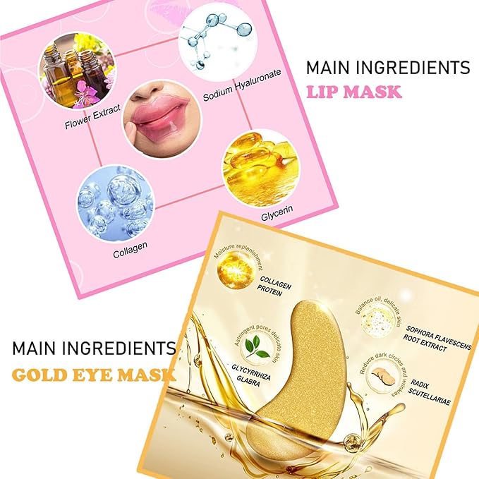 30 Pairs Lip Masks & Gold Hydrogel Collagen Eye Masks, Under Eye Patches Gel Pads for Dark Circles and Puffiness, Moisturizing & Anti-Ageing Skincare for All Skin Types