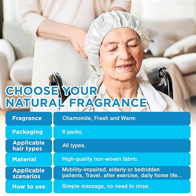 OK TAPE No Rinse Shampoo Cap (6 Packs), Microwaveable Rinse Free Caps for Bedridden Patients or Elderly, Waterless Shampoo and Condition Hair, Chamomile Fragrance