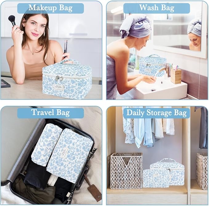 3Pcs Cotton Quilted Makeup Bag Set,Large Floral Cosmetic Bag，Aesthetic Toiletry Travel Makeup Bag Set and Cute Flower Bag for Women Girls (Blue White Flower)