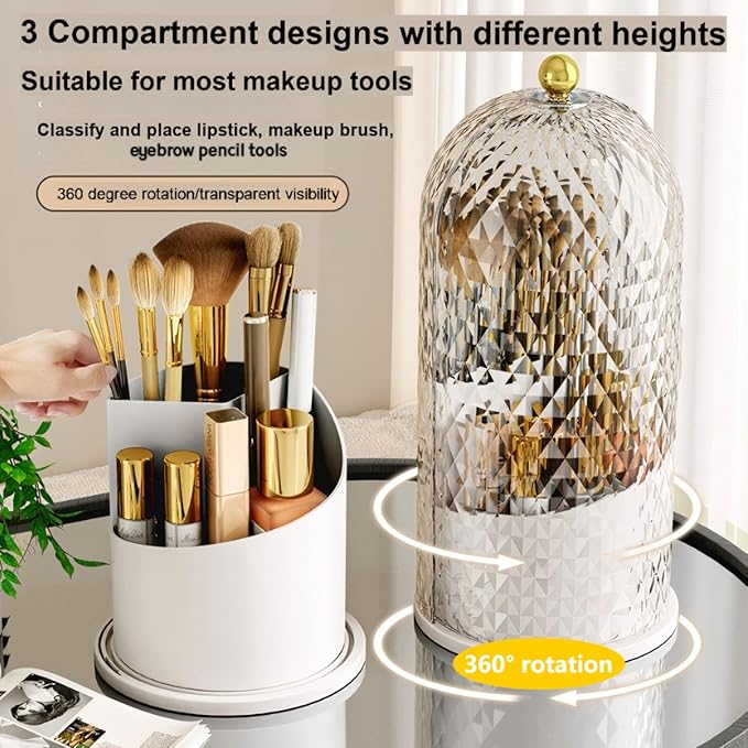 Makeup Brush Holder with Lid，Makeup Brush Storage Box with Diamond Pattern，360 Rotating Waterproof and Dustproof Beauty Brushes Storage for Vanity Bathroom,White