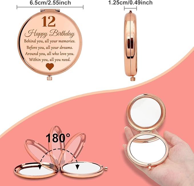 12th Birthday Gift - Inspirational Travel Makeup Mirror, Round Stainless Steel Mirror with Tabletop Mount, Compact Size for Portable Use