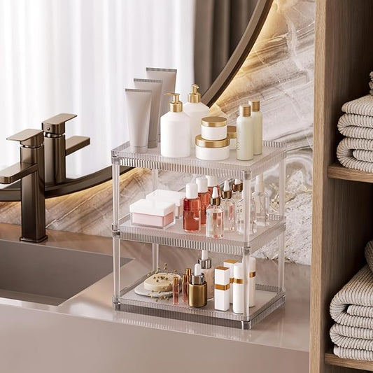 3-Tier Makeup Cosmetic Organizer Shelf Multifunctional Vanity Storage Rack for Cosmetics, Skincare, Beauty Products, Spice Organizer Shelf for Bathroom, Bedroom, Kitchen, Frosted Clear