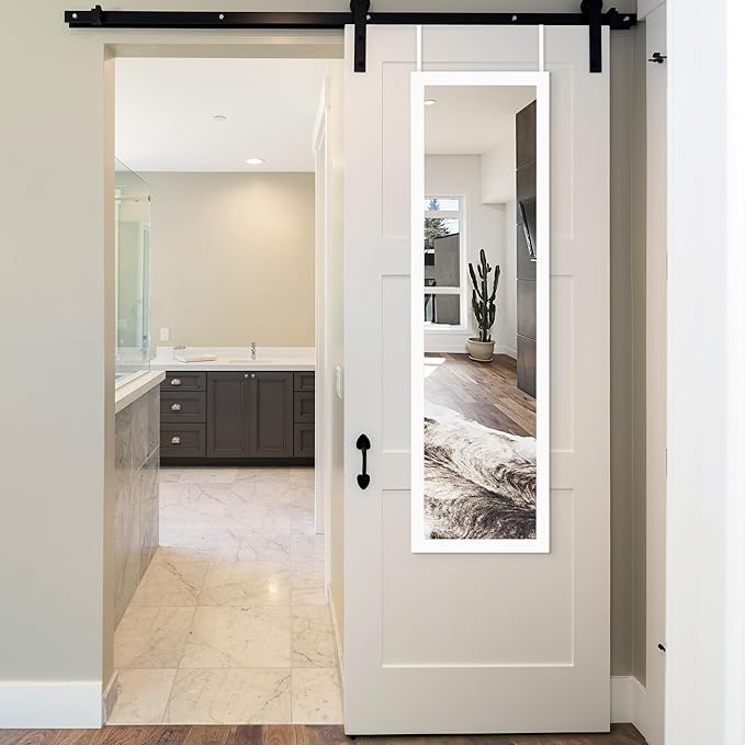 Americanflat 12x48 Over The Door Mirror - Hanging Full Length Mirrors with Engineered Wood - Modern Mirror for Bathroom, Bedroom, Living Room - Mirrors for Wall Display and Home Decor - White