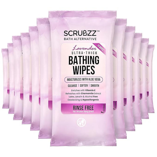 Extra Large Bath Wipes for Adults Bathing No Rinse - 120 Disposable Body Cleansing Wipes for Men, Women & Elderly - Great for Gym, Camping, Post Surgery - Shower Wipes - Lavender