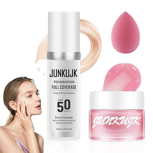 Color Changing Foundation Set,Flawless Liquid Foundation Full Coverage with Makeup Base Gel & Makeup Sponge Egg