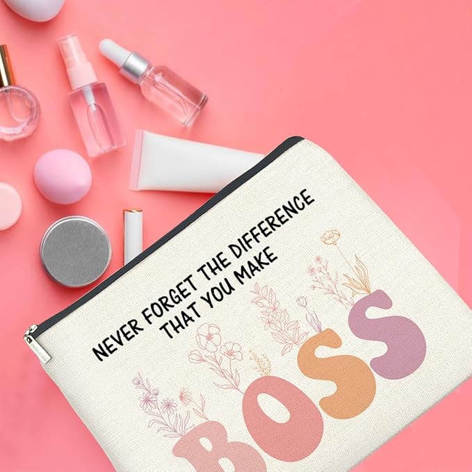 Makeup Bag - Thank You Gifts for Boss Lady, Appreciation Gift for Female Boss - Never Forget the Difference She Makes - Cosmetic Bag with Zipper Makeup Pouch