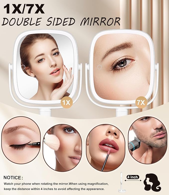 ALLROSE Professional 8" LED Lighted Makeup Mirror, 2600mAh Rechargeable 1x/7x Magnifying Vanity Mirror, 360° Rotation 2-Sided Light up Large Desk Mirror, Height Adjustable Lighted Makeup Mirror