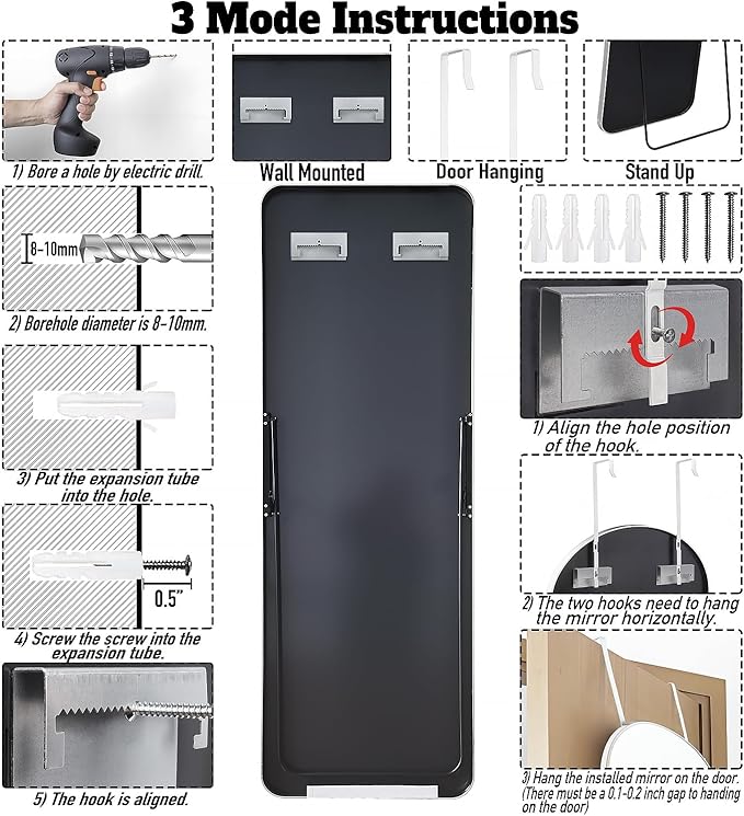 57x20 Door Hanging Full Length Mirror, Floor Stand (Height 5.7ft just Body in1.3ft) Wall Mounted Metal Frame Rectangle Dressing Mirrors for Bedroom Room 57 inch Silver