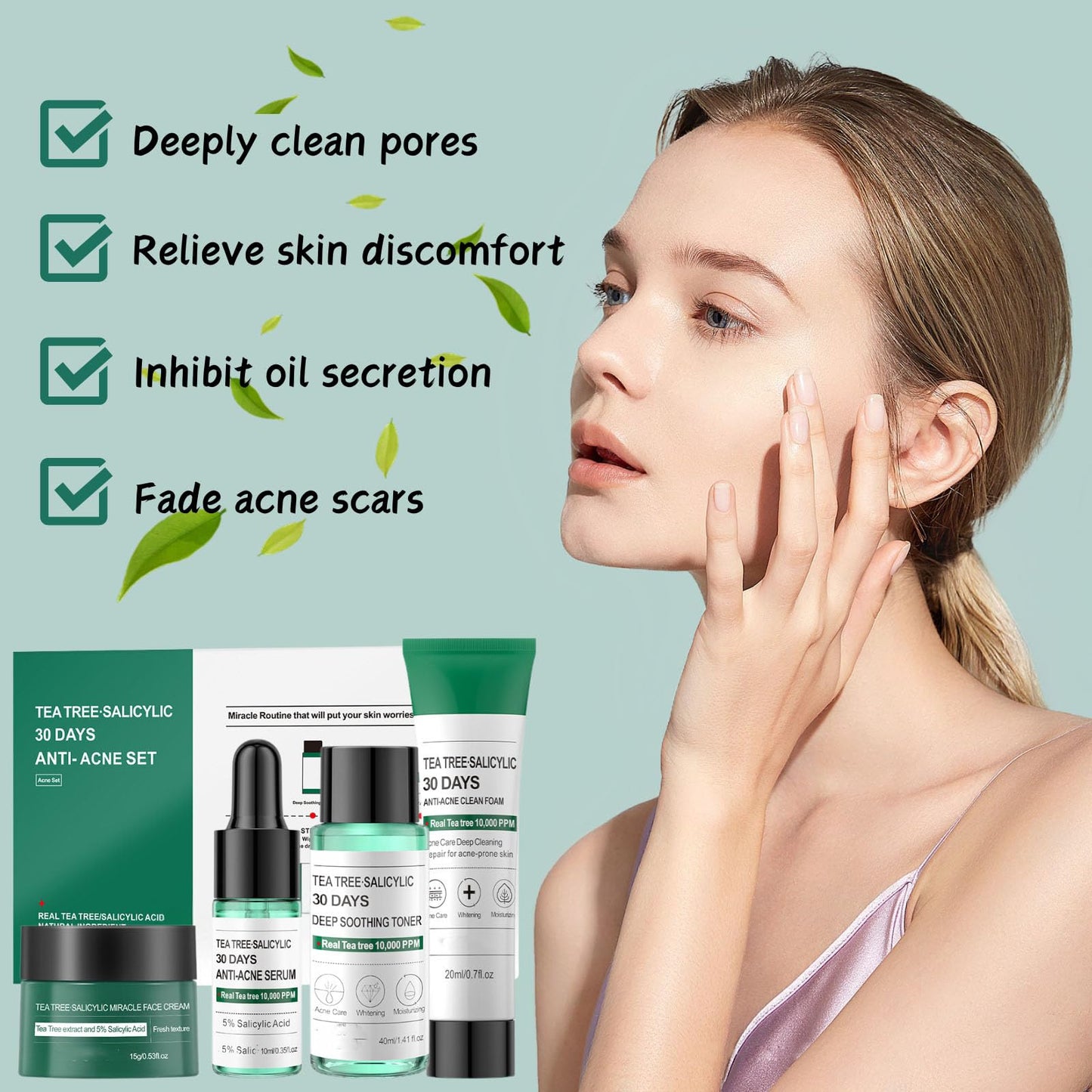 Acne Treatment Skin Care Kit - Salicylic Acid Skin Care Set - Acne Treatment for Face - Skin Care for Teens 10-12 - Salicylic Acid Serum,Clean Foam,Toner,Face Cream - Christmas Gifts Acne Kit