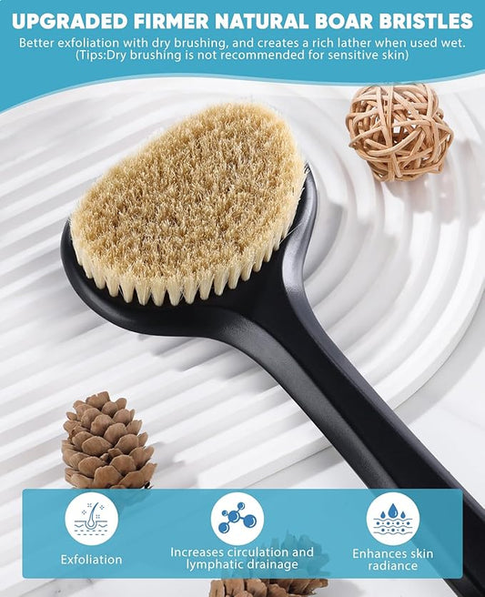 Back Scrubber for Shower with 17" Long Handle, Non-Slip Grip Dry Brushing Body Brush, Natural Boar Bristles Shower Brush for Lymphatic Drainage, Back Brush for Shower Men & Women – Boar Bristles