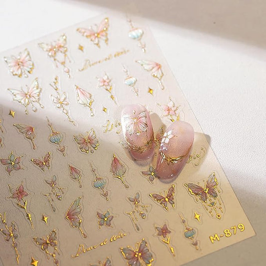 1 Sheets 5D Bronzing Butterfly Nail Stickers for Nail Art Pink Flower Nail Art Stickers Self Adhesive Summer Floral Butterflies Design Nail Decals Supplies for Women Girl DIY Manicure Decor