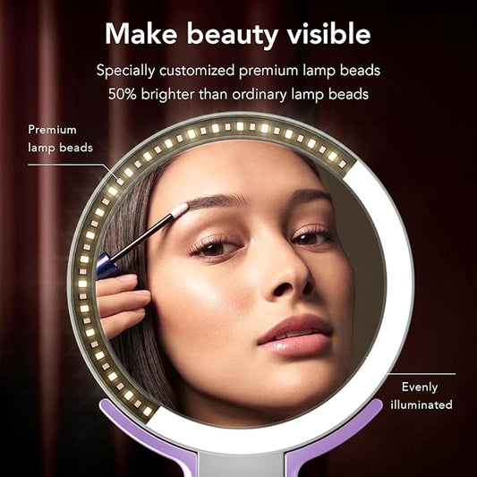 LitBear Travel Makeup Mirror with Light, Rechargeable Double-Sided 10X/1X Magnifying Mirror, Portable Lighted Beauty Mirror, 3 Color Lighting, Dimmable Touch Screen, Tabletop Handhold Hanging (Purple)