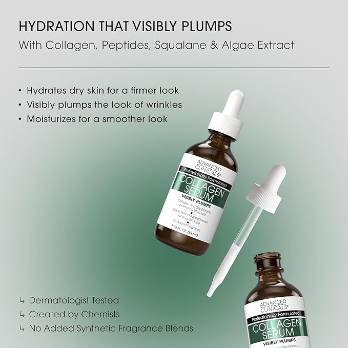 Advanced Clinicals Collagen Serum For Face | Visible Anti Aging Collagen Peptide Serum + Hyaluronic Acid Moisturizer Improves Look Of Wrinkles, Dry Skin, & Fine Lines, No added Fragrance, 1.75 Fl Oz
