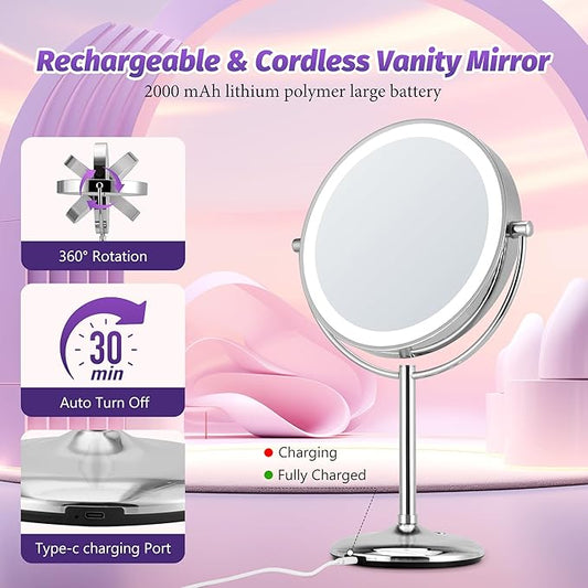 9" Makeup Mirror with Lights: 1X/15X Lighted Makeup Mirror with Magnification, True HD Magnifying Mirror with 3 Color Lights, 360°Rotation Double Sided Desk Mirror, Base Charging & Touch Switch,Chrome