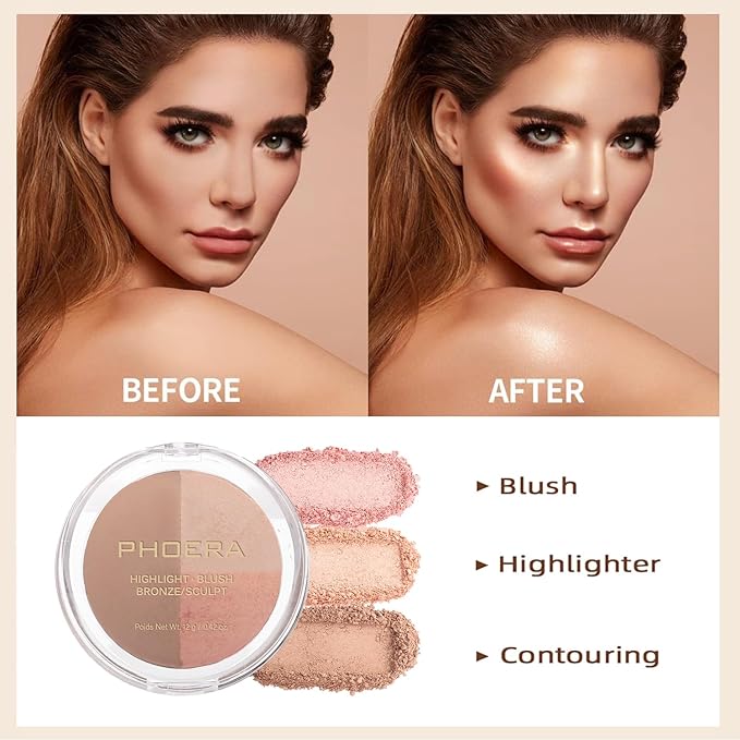 PHOERA Foundation, Contour Palette, Shades With Highlighter, Bronzer & Blush, Makeup Lightweight Long Lasting Wrinkles Matte Natural Finish (102+102+ #002 Contour/Nude+ Nude+#002)