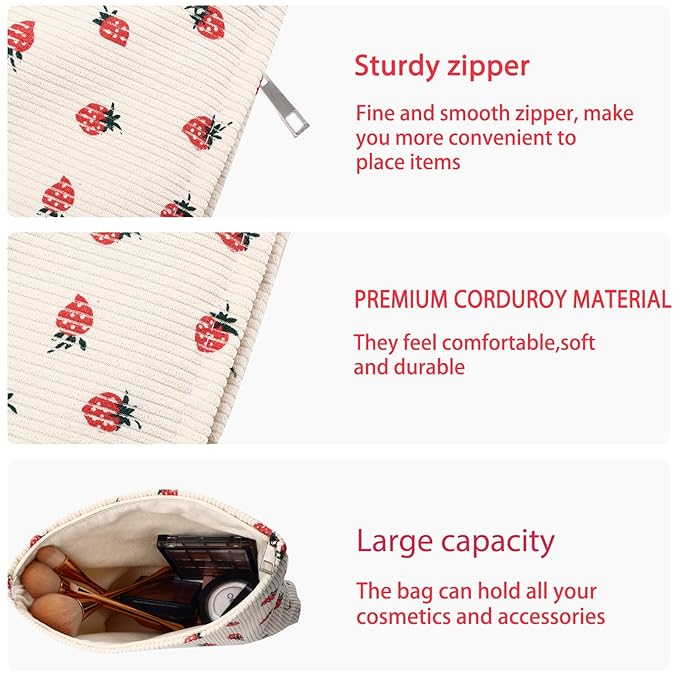 Makeup Bag for Women Large Corduroy Cosmetic Bags Travel Pouch for Purse Zipper Toiletry Bags Organizer Y2K Cute Aesthetic Trendy Makeup Brushes Storage Bag Travel Essential (Beige Strawberry)