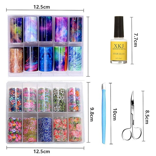 Kalolary 20 Color Starry Sky Stars Nail Art Foil with Nail Glue, Holographic Nail Art Transfer Stickers DIY Decoration, for Nail Art Salon or Home Use
