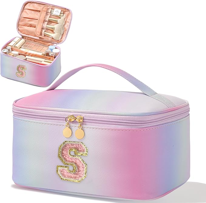 Meiyuuo Large Makeup Bag Cute Travel Pro Cosmetic Bags Personalized Chenille Letter Bag Travel Toiletry Organizer for Women Teen Girls Gifts for Her Preppy Rainbow Pink S