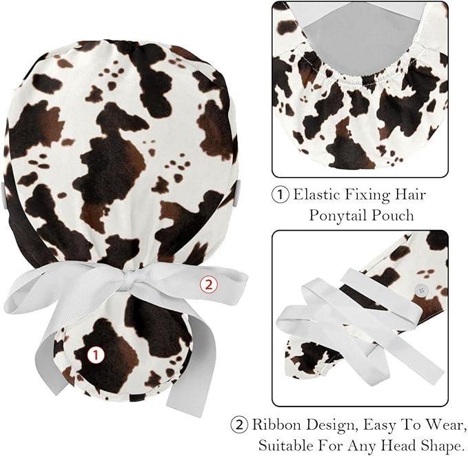 2 PCS Bouffant Cap with Button Ponytail Pouch Working Cap Sweatband Adjustable Surgical Cap Black and White Cow