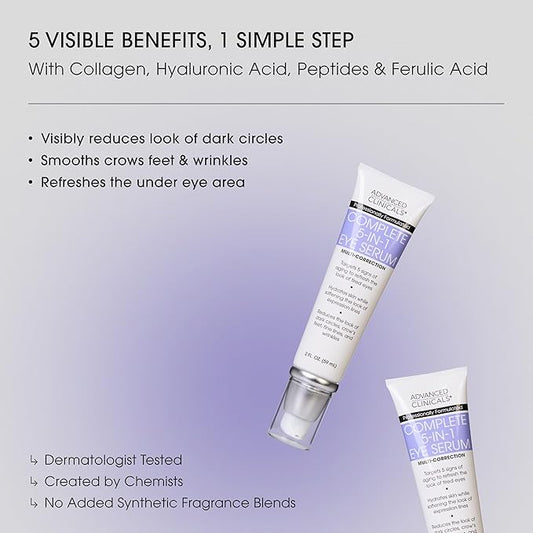Advanced Clinicals 5-in-1 Eye Serum | Multi-Benefit Visible Anti Aging Under Eye Serum Face Moisturizer Reduces Appearance Of Dark Circles, Puffy Eyes, Crows Feet, Wrinkles, & Fine Lines, 2 Fl Oz