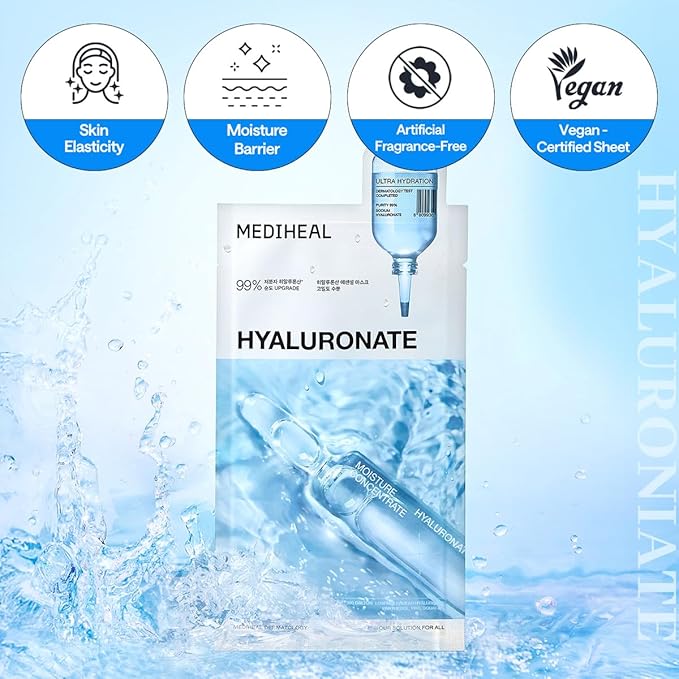 Mediheal Hyaluronate Essential Mask 10 pcs. 99% Pure Low Molecular Hyaluronate for deep hydration - enhancing moisture barrier, long-lasting moisturization, smooth skin texture with ultra hydration