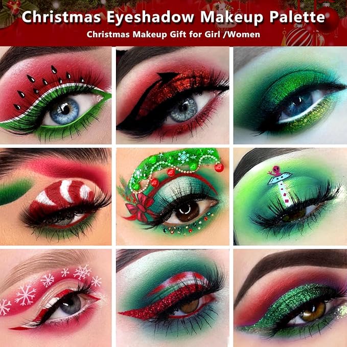 Afflano Green Eyeshadow Palette - Multichrome Red, Forest Green Glitter, White, Black, Blue Grinch St. Patrick's Day Makeup Gift