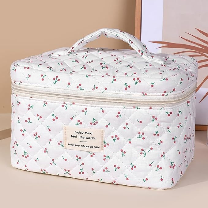 3 Pcs Quilted Makeup Bag Set,Cotton Coquette Make Up Bag,Cute Floral Makeup Bags Large Toiletry Cosmetic Bag Organizer for Women Girls (P1-3PCS)