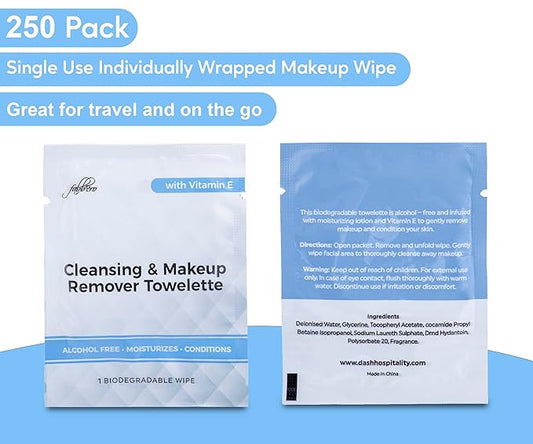 Cleansing & Makeup Remover Towelette with Vitamin E – Alcohol-Free Heavy Face Cleansing Wipes – Exfoliating Makeup Remover Wipes – Biodegradable & Eco Friendly Make up Remover Face Wipes - Pack of 250