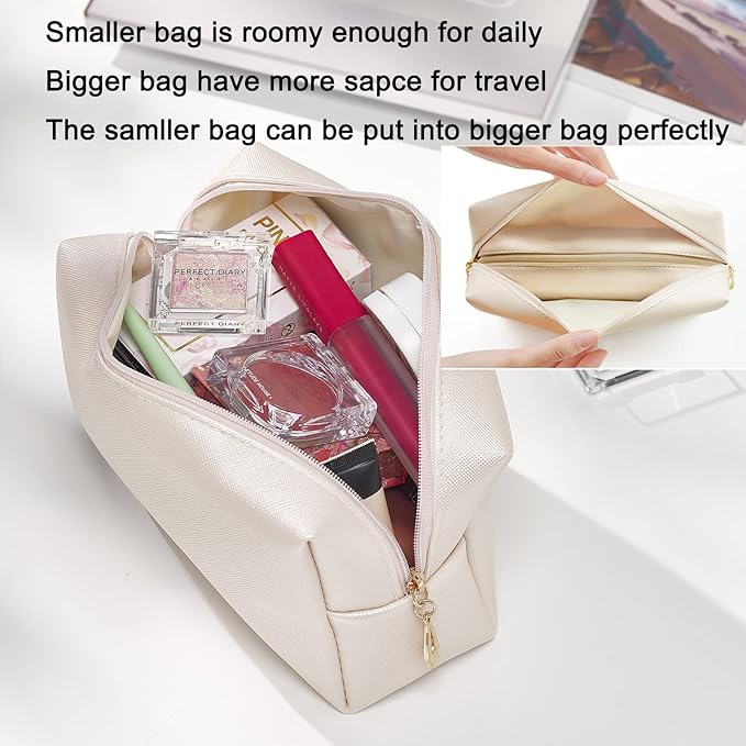 2pcs set PU Leather Cosmetic Bag for Women Minimalism Makeup Bag for Daily Use Portable Storage Purse Small Neat Cosmetic Pouch Water-resistant Toiletry Bag for Travel (Silver)