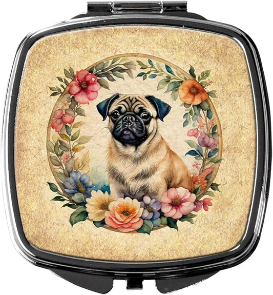 Caroline's Treasures Fawn Pug and Flowers Compact Mirror Decorative Travel Makeup Mirror for Women Girls Gifts Pocket Makeup Mirror Folding Handheld