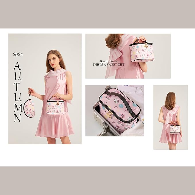 AmBealla Cosmetic Bag Large Makeup Bags Pink Travel Case with Makeup Brush Holder，2PCS Cosmetic Organizer for Women, Toiletry Storage Bag for Skincare & Beauty Tools Sweet Cute for Girls