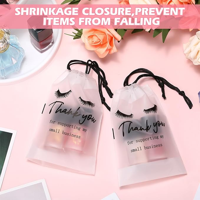 Abbylike 100 Pcs Eyelash Aftercare Lash Bags for Clients Eye Lash Print Drawstring Makeup Bag Empty Beauty Gift Cosmetic Sample Pouch for Women Small Business Supplies, 4 x 6 in(White)