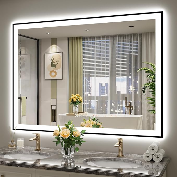 55x40 Inch LED Bathroom Mirror with Lights (Front Lit and Backlit) Black Framed Lighted Vanity Mirror for Bathroom Wall Dimmable Anti-Fog Memory Tempered Glass Horizontal/Vertical