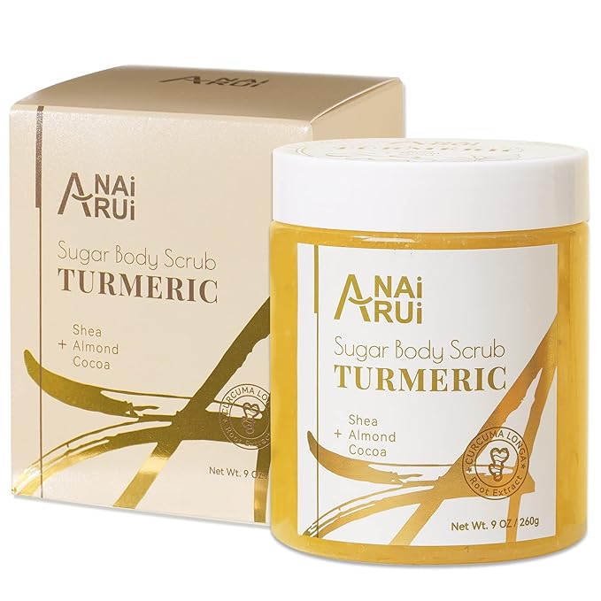 ANAI RUI Turmeric Body Scrub Exfoliator, Sugar Scrub for Exfoliating, Smoothing, Hydrating Skin, Face & Body Scrub with Turmeric, Face Body Hand and Foot Scrub, Moisturizing Body SkinCare, 9 OZ