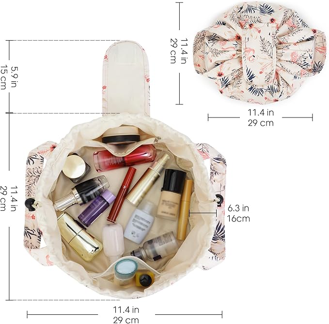 Barrel Drawstring Makeup Bag Large Floral Cosmetic Bag Make up Bags Toiletry Organizer for Women and Girls (Beige Flamingo) (Patent)