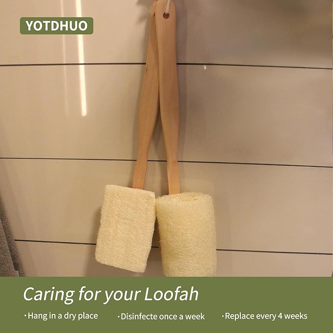 Natural Loofah Brush,Replaceable Hard Loofah Head with Wooden Handle,Back Scrubber for Men Daily Deep Cleaning Luffa On a Stick(2Pack)