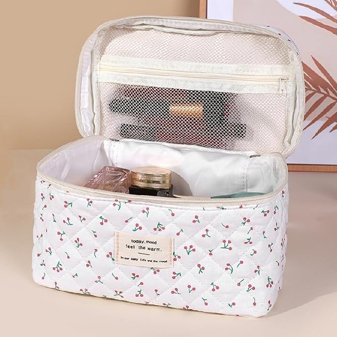 3 Pcs Quilted Makeup Bag Set,Cotton Coquette Make Up Bag,Cute Floral Makeup Bags Large Toiletry Cosmetic Bag Organizer for Women Girls (P1-3PCS)