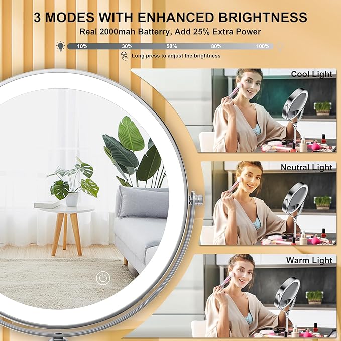 Makeup Mirror with Lights[Brightness Enhanced Version], Real 2000mah Rechargeable Double Sided 10x Magnifying Mirror with 3 Colors Table Vanity Mirror with Adjustable Height and Stand,Chrome