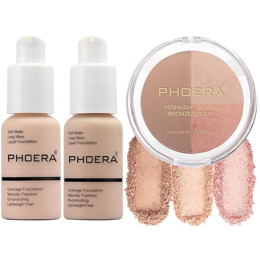 PHOERA Foundation, PHOERA Contour Palette,Shades with Highlighter & Bronzer & Blush,PHOERA Makeup Lightweight Long Lasting Wrinkles Matte Natural Finish (101+102+ #001 Contour/Porcelain+ Nude+#001)