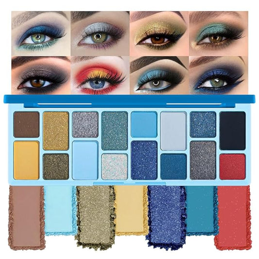 16 Colors Eyeshadow Palette,Matte&Glitter&Shimmer Eyeshadow Makeup,Naturing-Looking,High Pigment Waterproof Eye Shadow Palette Makeup, 100% Cruelty-free (02#Blue Series)