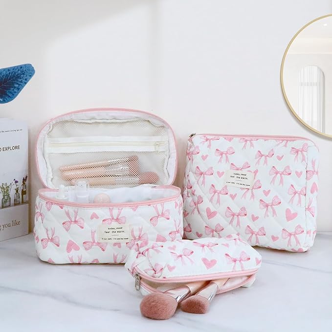 3Pcs Cotton Quilted Makeup Bag Set,Large Floral Cosmetic Bag，Aesthetic Toiletry Travel Makeup Bag Set and Cute Flower Bag for Women Girls (Love Bow)