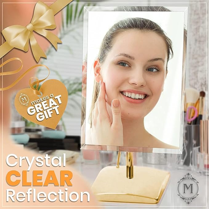MIRRORVANA Large Free Standing Mirror - Frameless, Gold-Plated, Beveled Design for Desk, Retail Counter, Bathroom and Vanity Dressing Table (9.8" x 7")