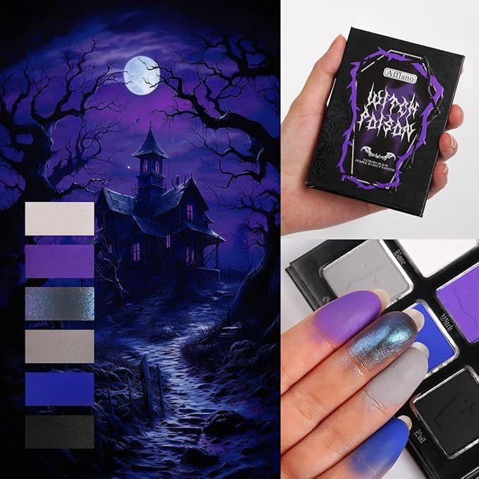 Black Blue Purple Eyeshadow Goth Makeup Palette, Matte Shimmer Dark Smoky Eyeshadow Pallet with Mirror, High Pigmented White Grey Multichrome Eyeshadow for Halloween Party Witch Costume Zombie Vampire
