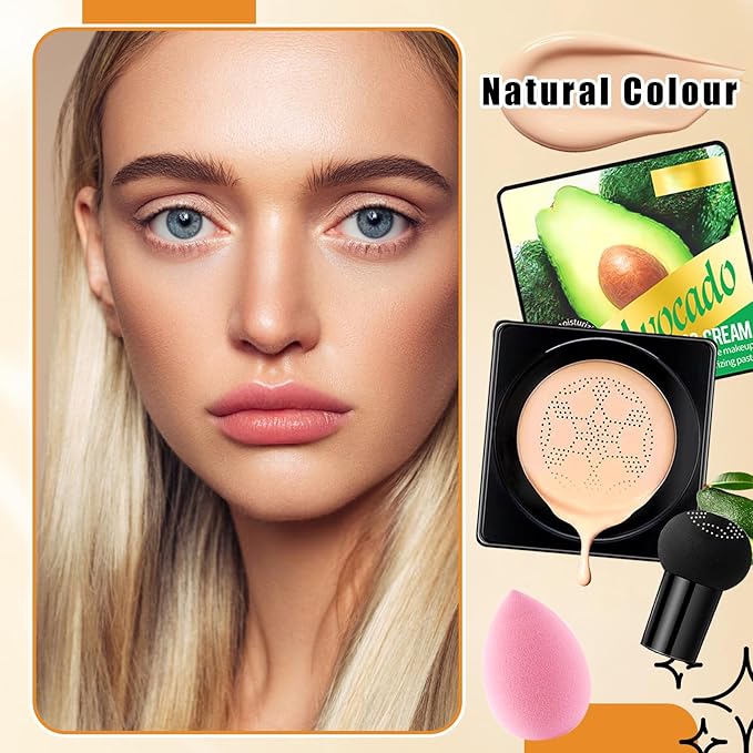 2Pcs Mushroom Head Air Cushion CC Cream Foundation Makeup,Moisturizing BB Cream Face Makeup Liquid Foundation,Long Lasting Full Coverage Concealer for All Skin Types（Natural）C