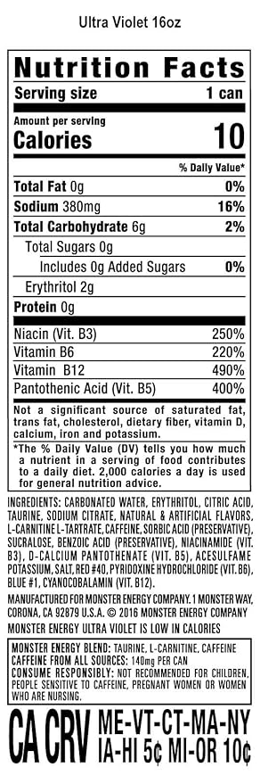 Monster Energy Ultra Violet, Sugar Free Energy Drink, 16 Ounce (Pack of 15)